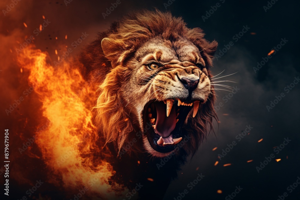Angry lion with open mouth and fiery mane, jumping, fire flames and ...