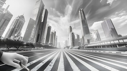 Aufkleber - Female hand drawing lines on road Way to big city Black and white skyscrapers view Retro style Contemporary art collage Concept of surrealism travelling imagination Vertical layout : Generative AI
