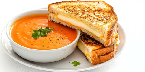 Canvas Print - Delicious gourmet grilled cheese sandwich with tomato soup on a white background. Concept Gourmet Sandwich, Grilled Cheese, Tomato Soup, Comfort Food, Food Photography