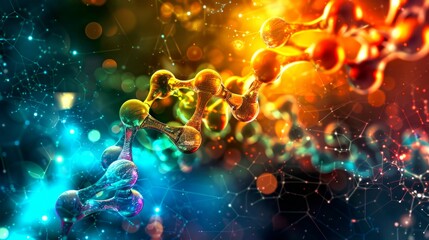 Aufkleber - Vivid representation of molecular structures in futuristic style. Abstract science image with bright colors. Perfect for visualizing concepts in technology, biology, and chemistry content. AI