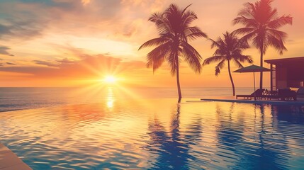 outdoor luxury sunset over infinity pool swimming summer beachfront hotel resort tropical landscape 