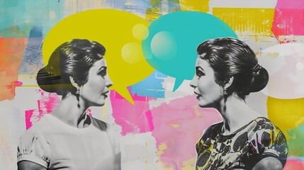 Aufkleber - Girlfriends Contemporary art collage Two women with color speech bubble copy space instead heads over abstract background Concept of vintage retro style surrealism imagination inspirat : Generative AI