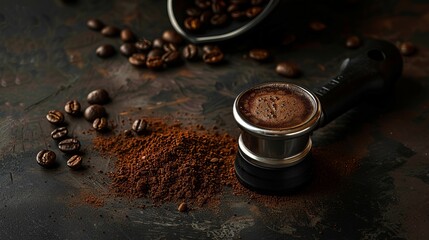 Poster - A dynamic image of a tamper and ground coffee placed on a rustic kitchen countertop, emphasizing the artisanal aspects of preparing freshly brewed coffee.