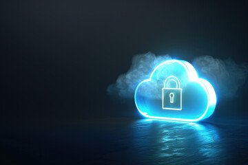 Poster - Glowing neon cloud computing icon with a padlock symbol is representing online data protection