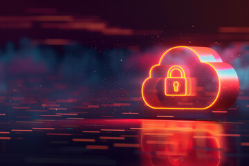 Poster - glowing cloud icon with a padlock symbolizes secure data storage in the digital age