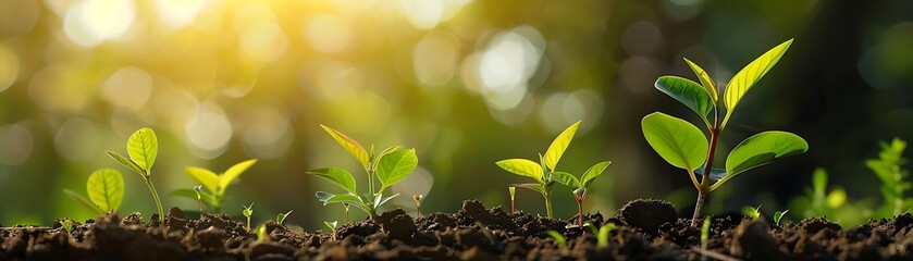 Green Plant Shoots Growing in Soil with Sunlight Background Photo