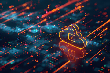 Poster - data cloud computing symbol with a padlock is glowing over a circuit board, representing data protec