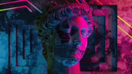 Aufkleber - Contemporary art collage with plaster head and bust of ancient statue isolated on dark fluid geometric background with neon paints Modern design Surrealism Modern unusual art Postmoder : Generative AI