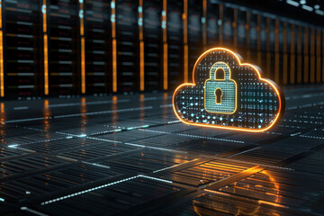 Poster - Glowing digital Data cloud with a padlock is hovering over a server room floor, symbolizing cloud computing security and data protection