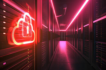 Poster - neon cloud computing symbol with padlock is glowing in a dark server room, representing data protect