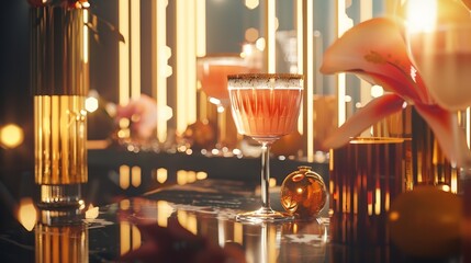 Poster - cocktails in art deco style Elegant party with drink and some bit : Generative AI