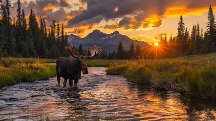 Wall Mural - A majestic bull moose stands in a serene river with its reflection shimmering in the water, set against a breathtaking backdrop of mountains at sunset.