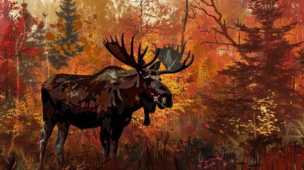 A powerful moose stands amidst an autumnal forest adorned with rich red hues, creating an atmospheric and captivating scene that captures the essence of the season.