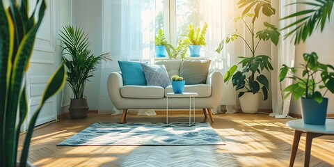 Wall Mural - Modern living room decor with white and blue tones, parquet floor, and houseplants. Concept Modern Decor, White and Blue Tones, Parquet Floor, Houseplants