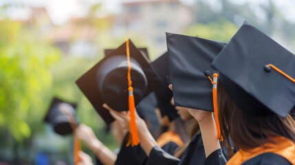 Wall Mural - Student hold hats in hand during commencement success graduates of the university  Concept education congratulation Graduation Ceremony : Generative AI