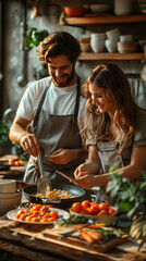 Young couple is cooking together in their kitchen, laughing and having a good time