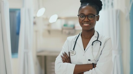 Poster - Hospital happy doctor and portrait of black woman for medical care insurance and wellness Healthcare clinic nurse or face of female health worker with crossed arms for service consulti : Generative AI