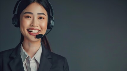 Poster - Asian female call center operator with happy smile face advertises job opportunity on empty space wearing formal suit and headset on customizable isolated background for job recruitmen : Generative AI