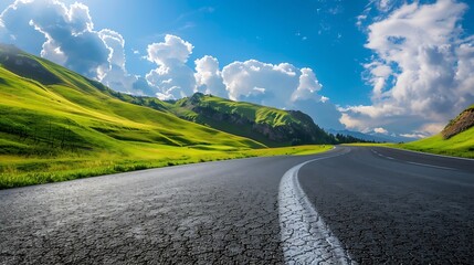 Wall Mural - Asphalt highway road and green mountain with sky clouds on a sunny day : Generative AI