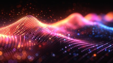 Fototapete - A wavy pattern of red, pink, and blue lights glows on a dark background