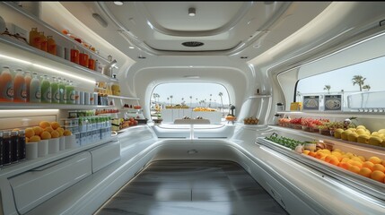 Poster - A space vehicle interior for a convenience store, a fruit store, Interior design, soft light. Generative AI.