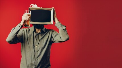 Aufkleber - Beer party festial Contemporary art collage of male with TV instead head isolated over red background Beer translation Concept of party festival leisure time Oktoberfest Copy space for : Generative AI
