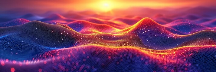 Aufkleber - A glowing, abstract wave form of red, orange, and blue light floats above a vibrant sunset