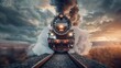 © Silmiart - A vintage steam locomotive speeds through the countryside, billowing smoke and steam against a dramatic sky.