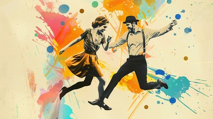Aufkleber - Timeless rockandroll Contemporary art collage Dancing couple in retro 70s 80s styled clothes isolated over light background with drawings Concept of art music fashion party creativity : Generative AI