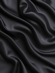 Black silk background with dark luxurious fabric draped texture folds in waves of flowing soft pattern, abstract satin or velvet cloth in luxury material design. ai