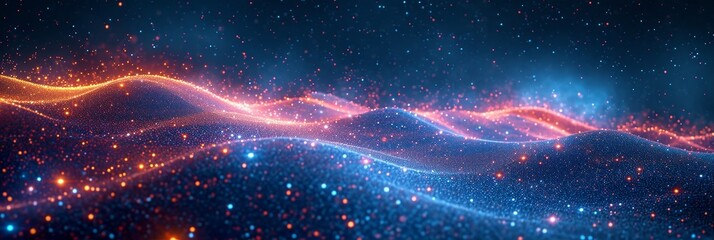 Poster - abstract waves of light, one blue and one orange, flow through a dark, starry night sky