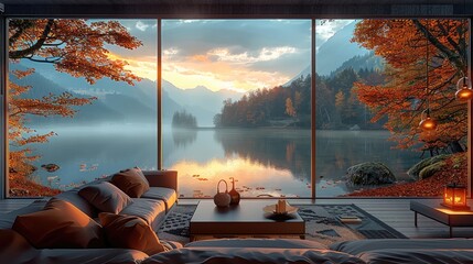 Poster - A corner of a living room along a mountain lake with a beautiful sunset over the lake, autumn trees, the living room with an elegant. Generative AI.