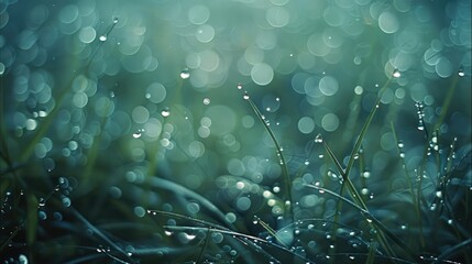 Poster - Rain drops on grass and branches. haze. Generative AI.