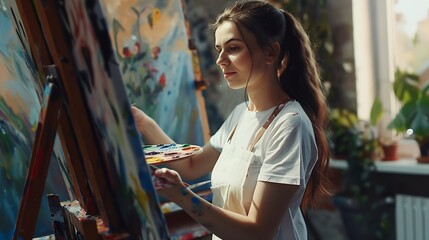 Poster - The artist paints in oils at the easel In the hands of a palette and a palette knife She is wearing a white Tshirt and apron Portrait The woman smiles Creative person concept Workshop  : Generative AI