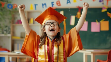 Wall Mural - A cheerful kid graduate wearing an academic gown and graduation cap celebrates her graduation in the classroom : Generative AI