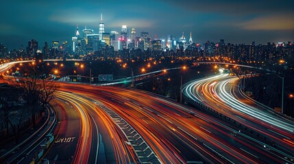 Aufkleber - An high-angle view of traffic light trails on a curving highway at night, vibrant red and white light streaks, cars zooming by, distant city skyline with iconic. Generative AI.