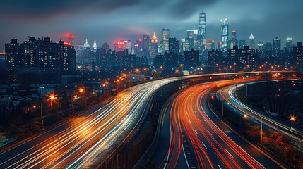 Aufkleber - An high-angle view of traffic light trails on a curving highway at night, vibrant red and white light streaks, cars zooming by, distant city skyline with iconic. Generative AI.