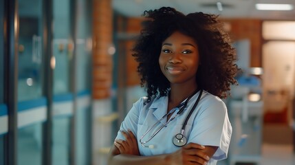 Poster - Hospital happy doctor and portrait of black woman for medical care insurance and wellness Healthcare clinic nurse or face of female health worker with crossed arms for service consulti : Generative AI