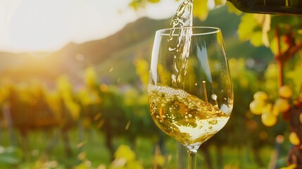 Poster - Wine glass with pouring white wine and vineyard landscape in sunny day Winemaking concept copy space : Generative AI
