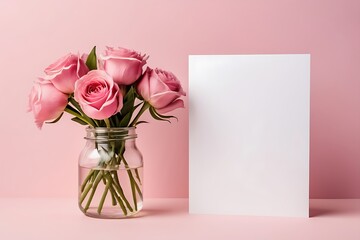 Wall Mural - Blank greeting card mockup and flowers on pink background. Happy Mother's Day, Birthday, anniversary concept