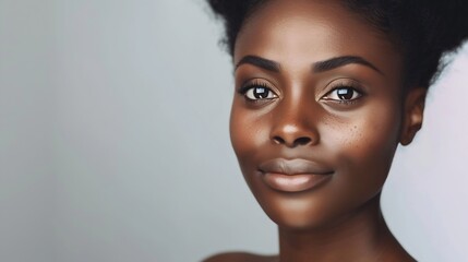 Wall Mural - Face beauty and satisfaction with a model black woman in studio on a gray background to promote natural skincare Facial wellness and makeup with an attractive young female happy with c : Generative AI