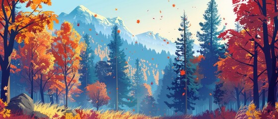 Wall Mural - stunning vector illustration of a beautiful autumn forest landscape, featuring a mixed forest in autumn season perfect for capturing the beauty of autumn