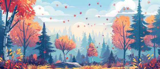 Wall Mural - breathtaking vector illustration of a beautiful autumn forest landscape, showcasing a stunning mixed forest in autumn season perfect for autumn-inspired and nature-themed designs