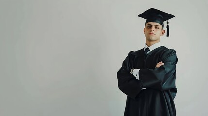 Portrait of confident caucasian handsome young man wearing black graduation gown and cap standing with arms crossed against white wall : Generative AI