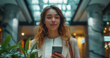 Canvas Print - A young working woman walks out of her office building and receives a text for a lucrative investment opportunity. Generative AI.