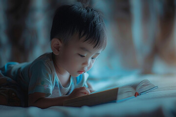 A child reading a book. child reading book education learning quiet imagination indoors concentration story.