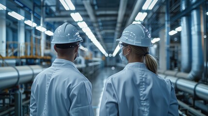 Poster - Engineers in white coats working at factory. Generative AI.