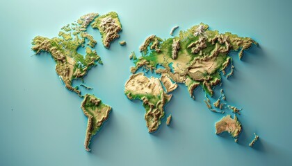 3D surface of earth planet. Map of the planet. World map with exaggerated topographic relief. Detailed global world physical map