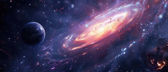 Wall Mural - glowing star fantastic background featuring a cosmic voyage with swirling galaxies, nebula, and distant planet