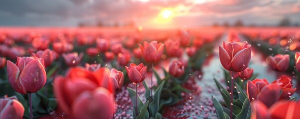 Wall Mural - Vibrant field of tulips stretching towards the horizon, 4K hyperrealistic photo